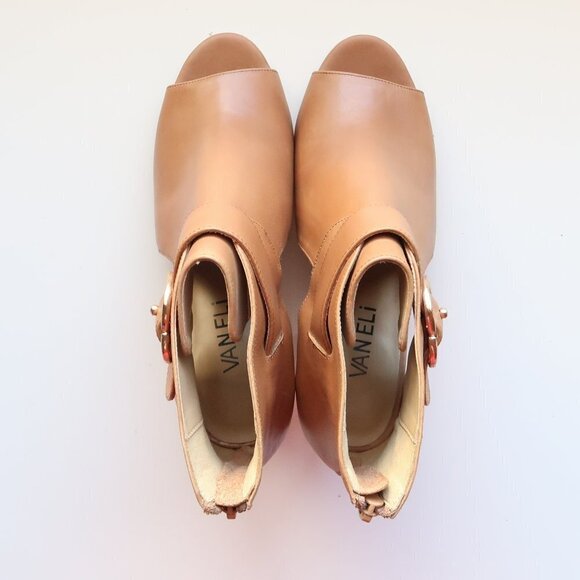 Vaneli Tan Leather Peep Toe Stacked Block Heel Bootie Shoes Ankle Boots Size 6 - Picture 5 of 16